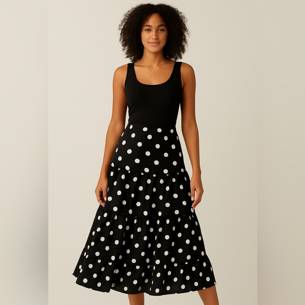 BCBG Max Azaria Black & White Polka Dot Tiered Midi Skirt, Size Large New